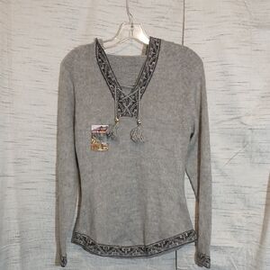 Tejidos Parillo Gray Long Sleeve Sweater with Patterned Trim NWT